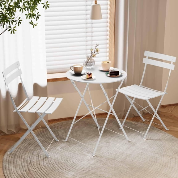 LAUSAINT HOME 3-Piece Outdoor Folding Bistro Set, Outdoor Furniture Set with Premium Frame for Balcony, Garden, White