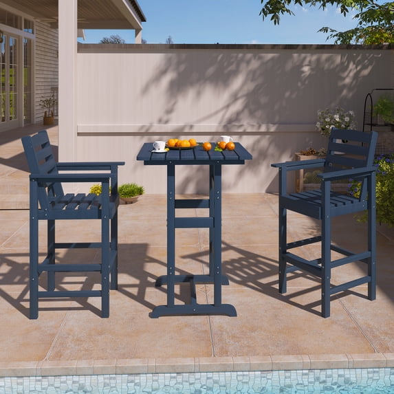 LAUSAINT HOME 3-Piece Outdoor Patio Furmiture Set, All-Weather HDPE Height Table and Adirondack Chairs Set of 2, for Balcony, Garden, Poolside, Navy Blue