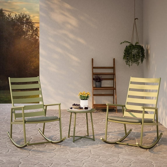 LAUSAINT HOME Outdoor Conversation Sets, 3-Piece Green Metal Patio Furniture Set with 2 Rocking Chairs, Green Cushions
