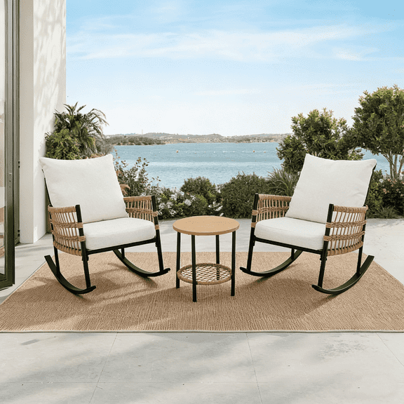 LAUSAINT HOME 3-Piece Outdoor Rocking Set, Patio Bistro Set with Wicker Chairs & Table, Beige Cushions