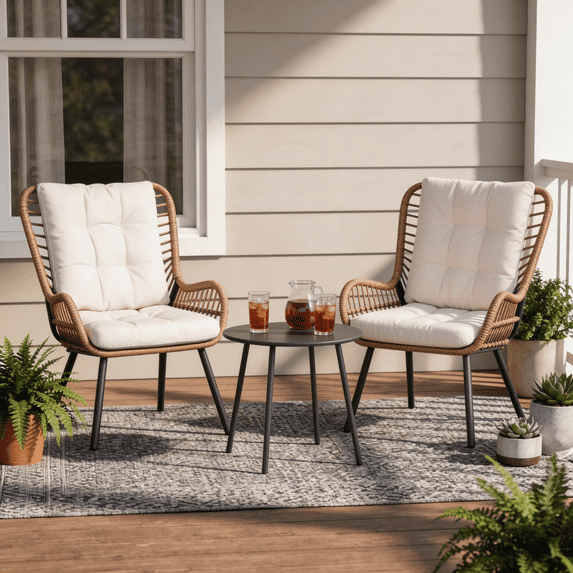 LAUSAINT HOME 3-Piece Patio Furniture Set, High Back Outdoor Bistro with Coffee Table & Beige Cushions for Garden or Deck