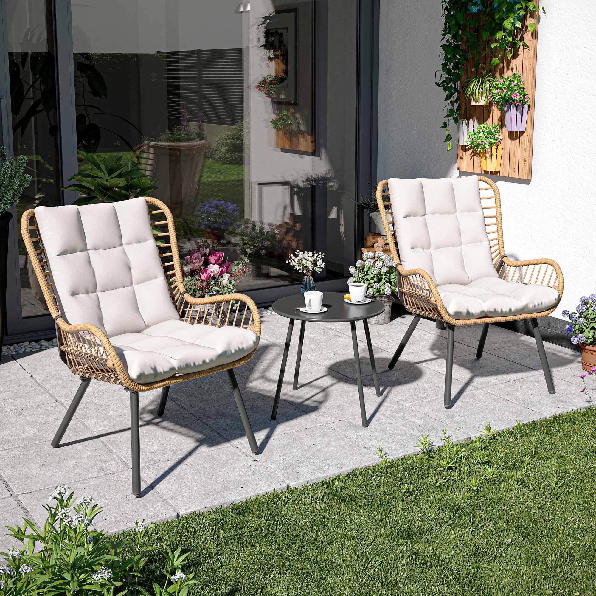 LAUSAINT HOME 3-Piece Patio Furniture Set, High Back Outdoor Bistro with Coffee Table & Beige Cushions for Garden or Deck