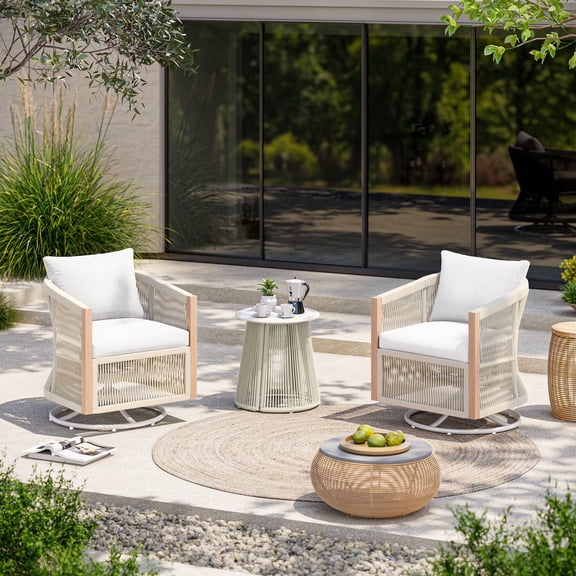 LAUSAINT HOME 3 Piece Swivel Wicker Patio Set, 2 Rocking Chairs Waterproof Cushions Side Table All Weather Outdoor Furniture