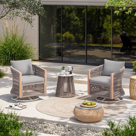 LAUSAINT HOME 3-Piece Patio Bistro Set, Oversized Swivel Rocking Wicker Rope Chairs with Cushions and Coffee Table, Gray
