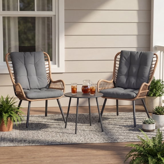 LAUSAINT HOME 3-Piece Patio Furniture Set, High Back Outdoor Bistro with Coffee Table & Gray Cushions for Garden or Deck