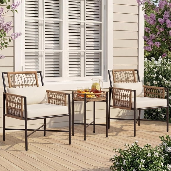 LAUSAINT HOME 3 Piece Metal Outdoor Bistro Set with Side Table and 2 Chairs, Modern All Weather Metal Patio Bistro Set with Soft Cushions, Balcony Porch Garden Backyard