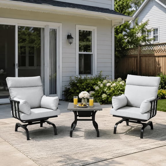 LAUSAINT HOME 3-Piece Patio Furniture Set with 2-in-1 Ice Bucket Table & 2 Spring Swing Chairs, Outdoor Bistro Conversation Set, Gray