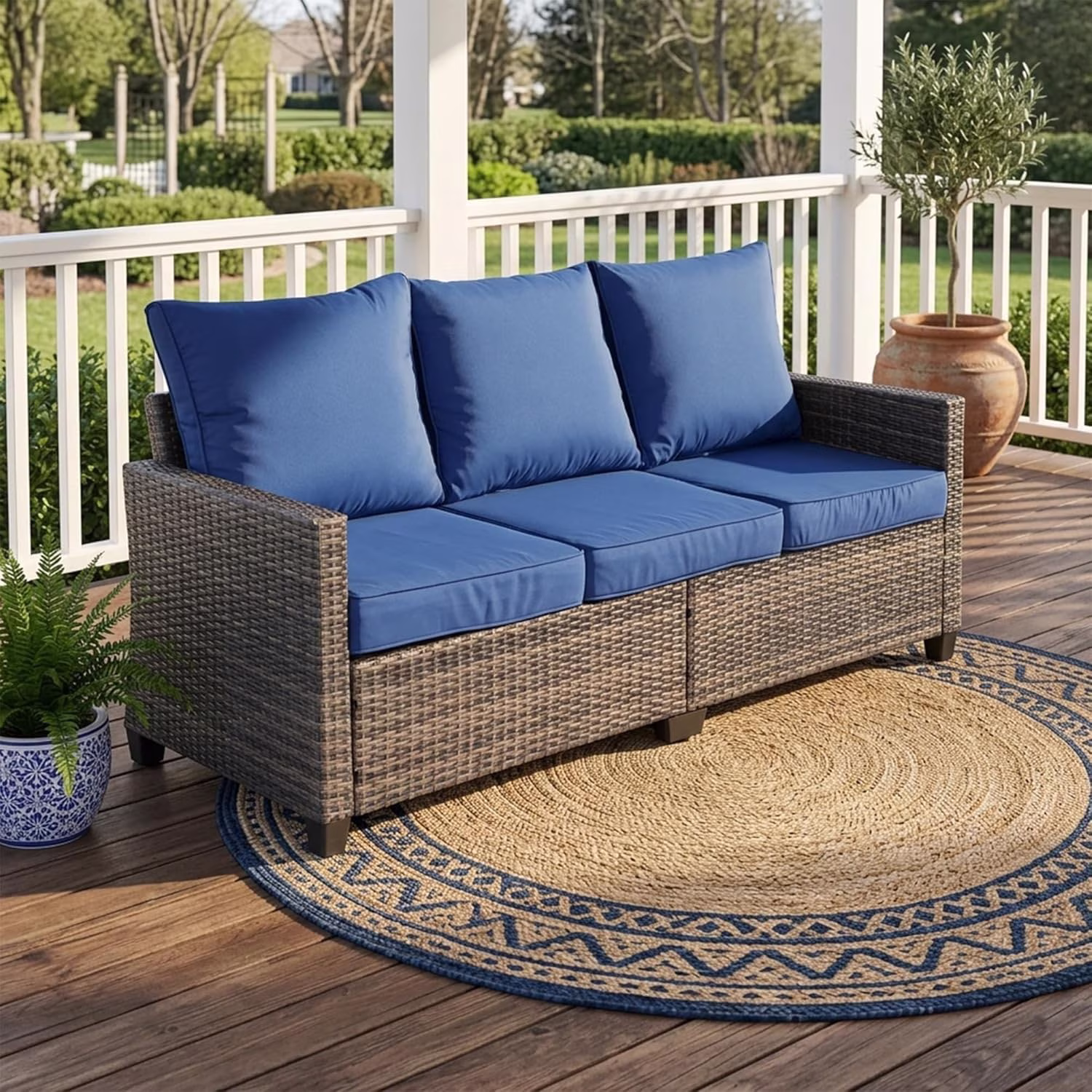 LAUSAINT HOME 3 Pieces Outdoor Patio Furniture, Outdoor Sectional Sofa Patio Furniture Sets Wicker Rattan Patio Conversation Sets with Cushion and Glass Table, Dark Blue
