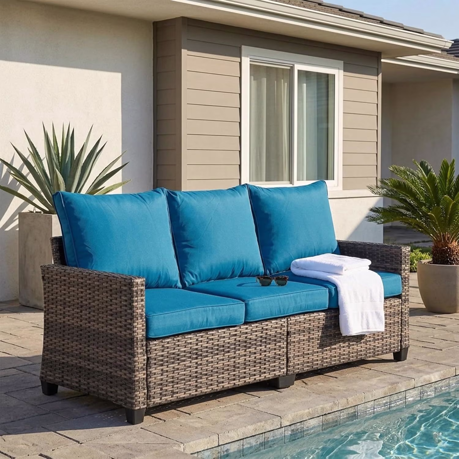 LAUSAINT HOME 3 Pieces Outdoor Patio Furniture, Outdoor Sectional Sofa Patio Furniture Sets Wicker Rattan Patio Conversation Sets with Cushion and Glass Table, Peacock Blue