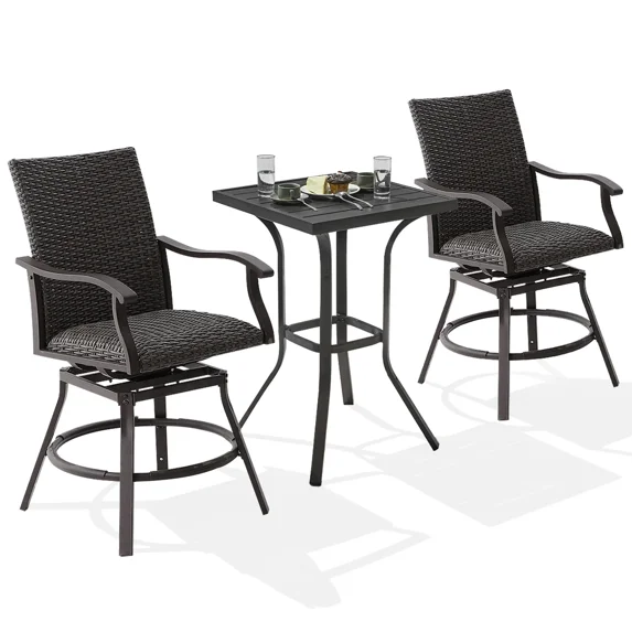 LAUSAINT HOME 3 Pieces Patio Bar Set, Luxury Outdoor Swivel Rattan Chairs with Table (Aluminum Frame, Black)