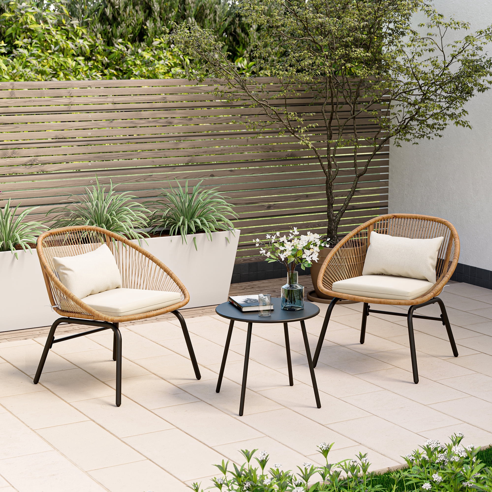 LAUSAINT HOME 3 Pieces Patio Bistro Set, Outdoor Furniture with 2 Chairs and 1 Coffee Table, Beige Cushions, Linear Weave Design