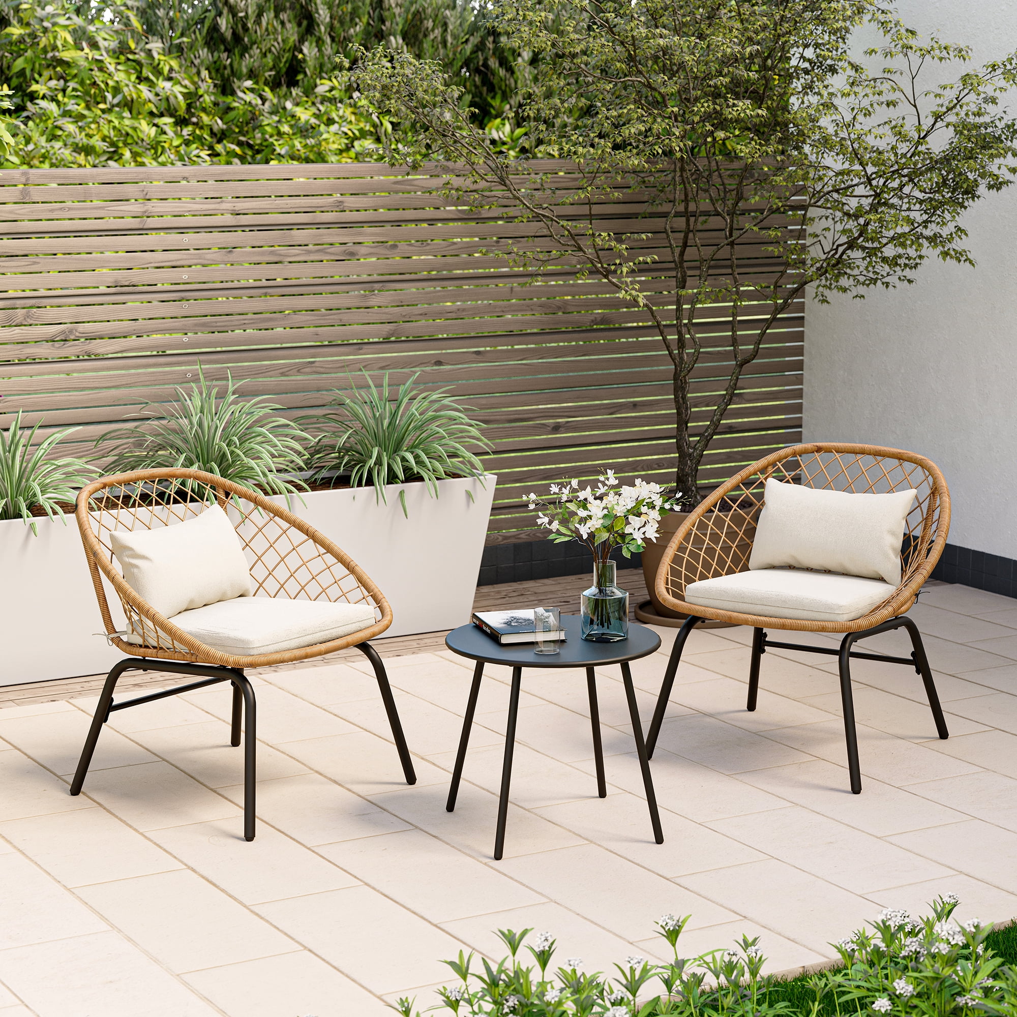 LAUSAINT HOME 3 Pieces Patio Bistro Set, Outdoor Conversation Furniture with 2 Chairs and 1 Coffee Table, Diamond Weave Design