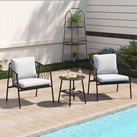 LAUSAINT HOME 3 Pieces Patio Bistro Set, Woven Rope Chairs with Cushions, Outdoor Furniture Set and Side Table, for Garden, Balcony, Poolside, Deck, Black Frame with Beige Cushion