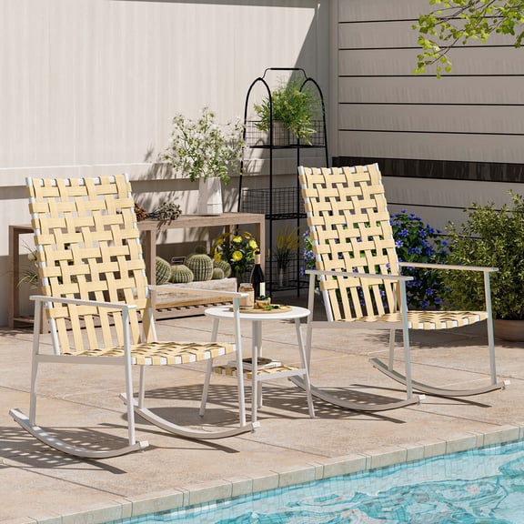 LAUSAINT HOME 3-Piece Outdoor Patio Furniture Set, 2 Wicker Rocking Chairs with Side Table, Beige