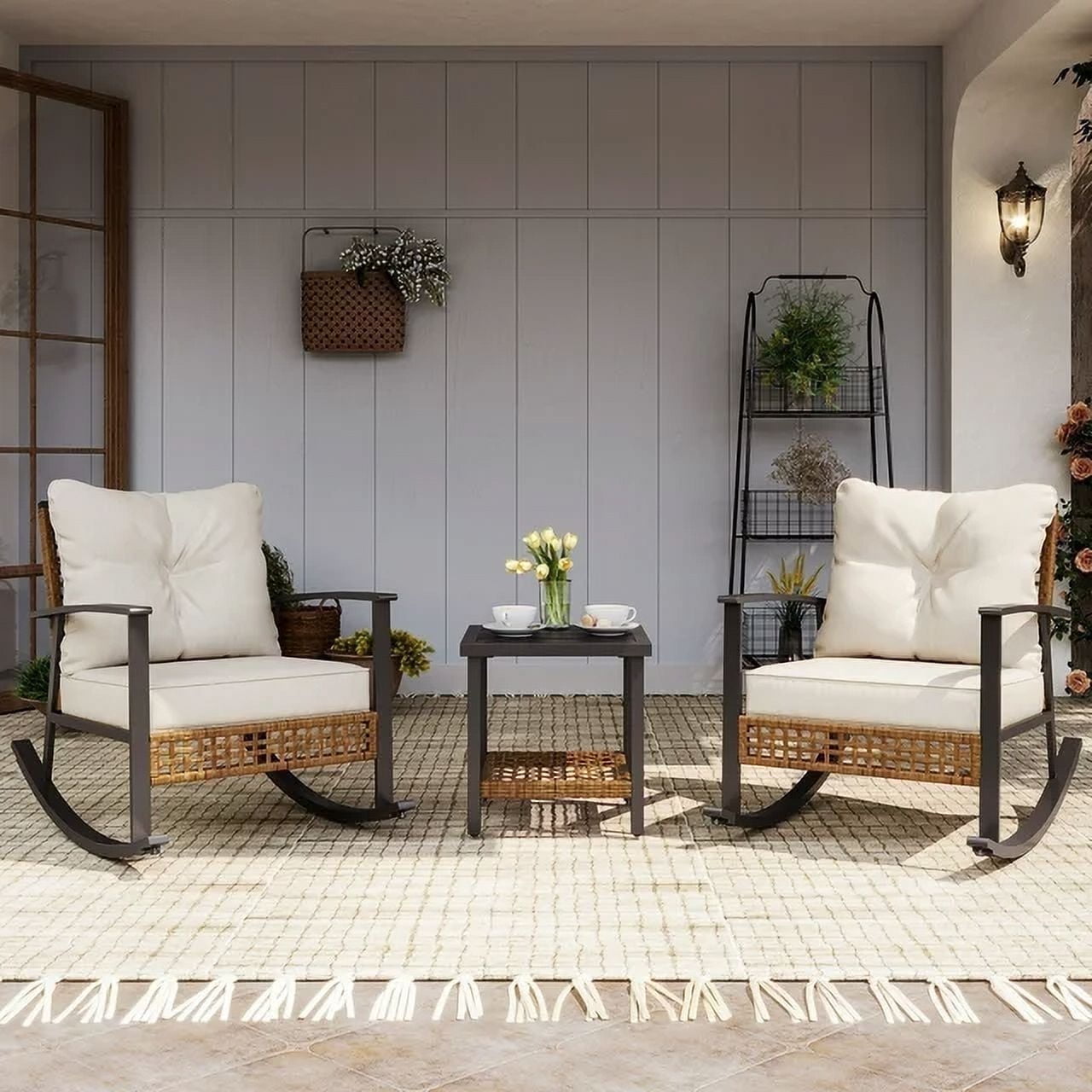 LAUSAINT HOME 3 Pieces Patio Outdoor Conversation Set with 2-Tier Coffee Table, PE Wicker Rocking Chairs with Beige Cushions - Walmart.com