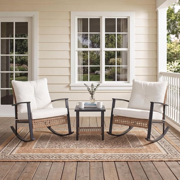 LAUSAINT HOME 3 Pieces Patio Outdoor Conversation Set with 2-Tier Coffee Table, PE Wicker Rocking Chairs with Beige Cushions