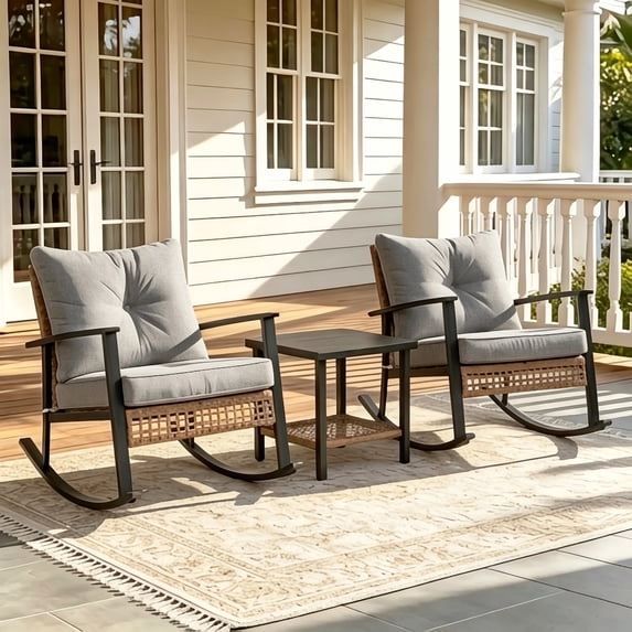 LAUSAINT HOME 3 Pieces Patio Outdoor Conversation Set with 2-Tier Coffee Table, PE Wicker Rocking Chairs with Gray Cushions
