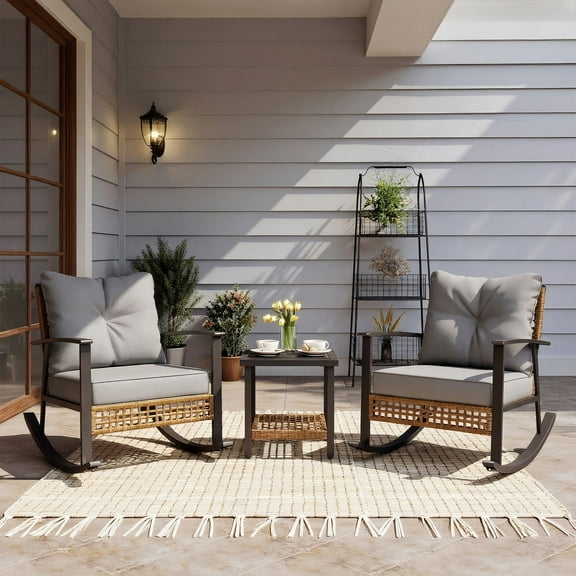 LAUSAINT HOME 3 Pieces Patio Outdoor Conversation Set with 2-Tier Coffee Table, PE Wicker Rocking Chairs with Gray Cushions