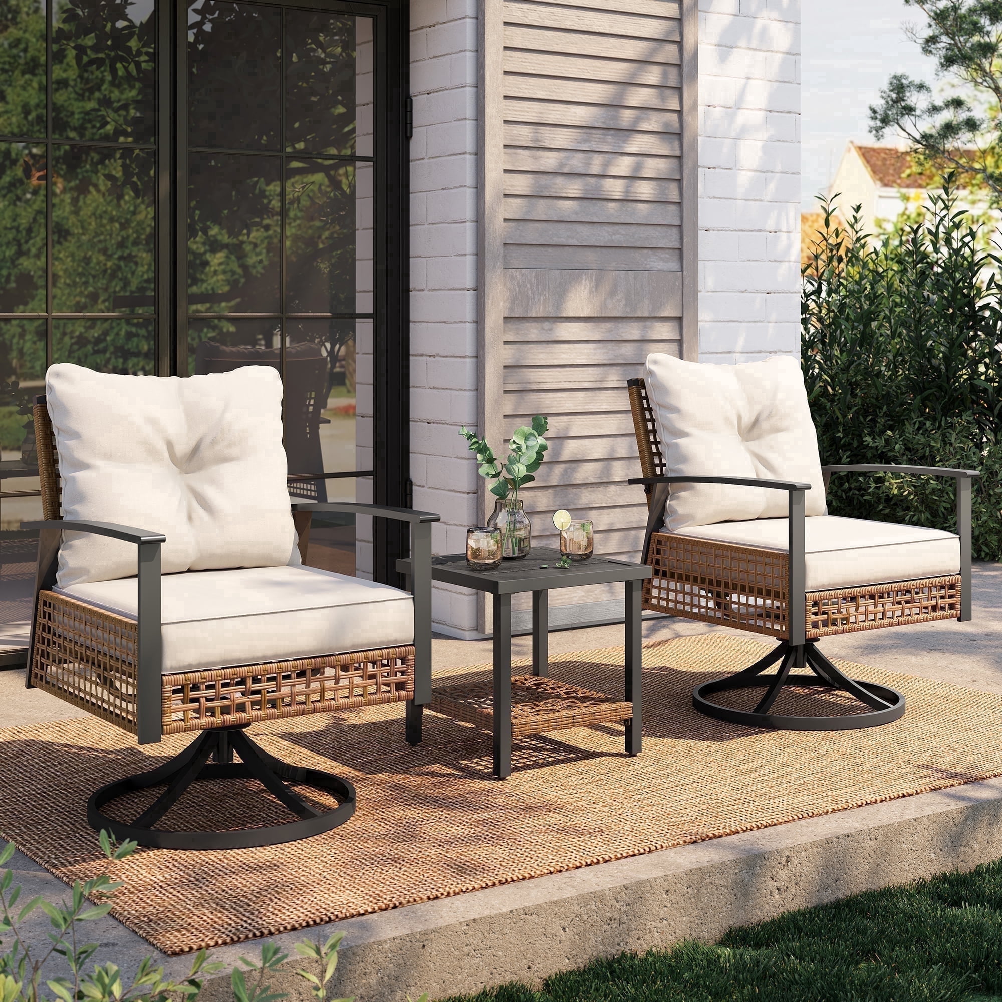 LAUSAINT HOME 3 Pieces Patio Outdoor Furniture Set with 2-Tier Coffee Table, PE Wicker Swivel & Rocking Chairs with Beige Cushions for Garden