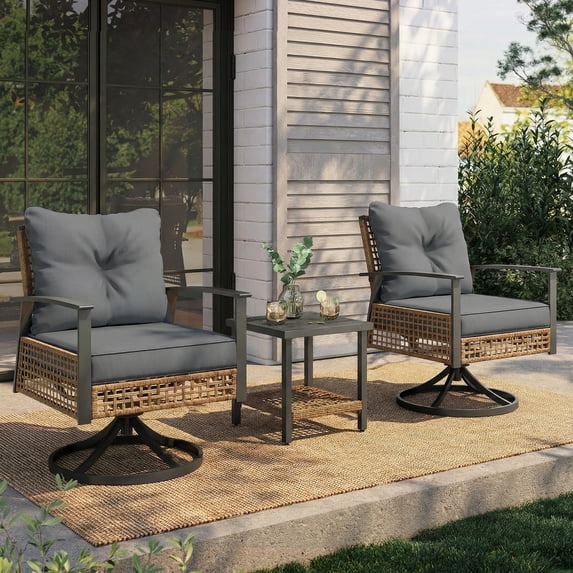 LAUSAINT HOME 3 Pieces Patio Outdoor Furniture Set with 2-Tier Coffee Table, PE Wicker Swivel & Rocking Chairs with Gray Cushions for Garden