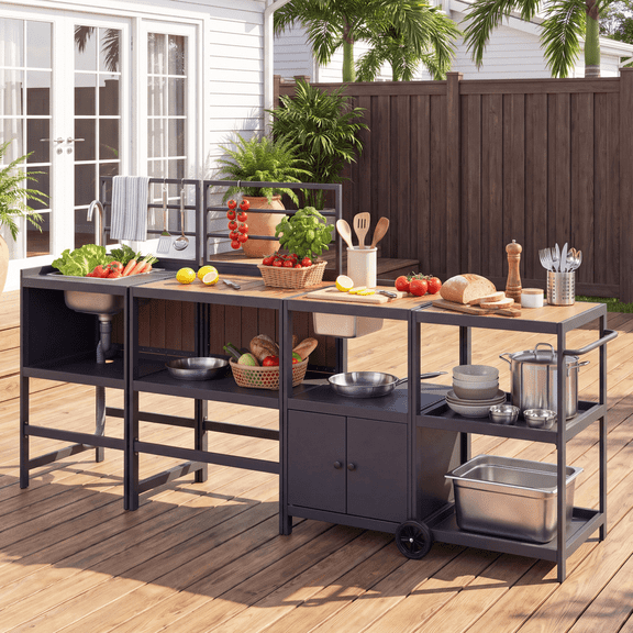 LAUSAINT HOME 4-Piece Modular Outdoor Kitchen Island Set – featuring a sink, ice bucket, and storage cabinets. A durable aluminum cabinet system designed for patios, backyards, decks, and BBQ areas