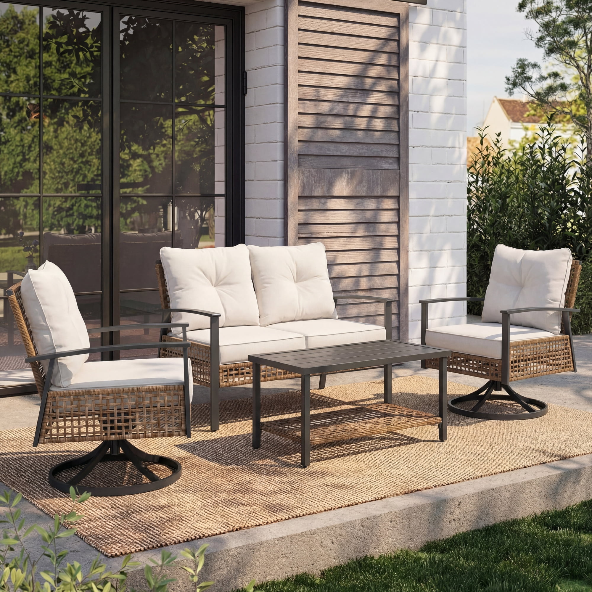 LAUSAINT HOME 4-Piece Patio Conversation Set, Outdoor Wicker Furniture Set with Swivel Chairs and Storage Coffee Table for Backyard, Porch, Garden and Poolside