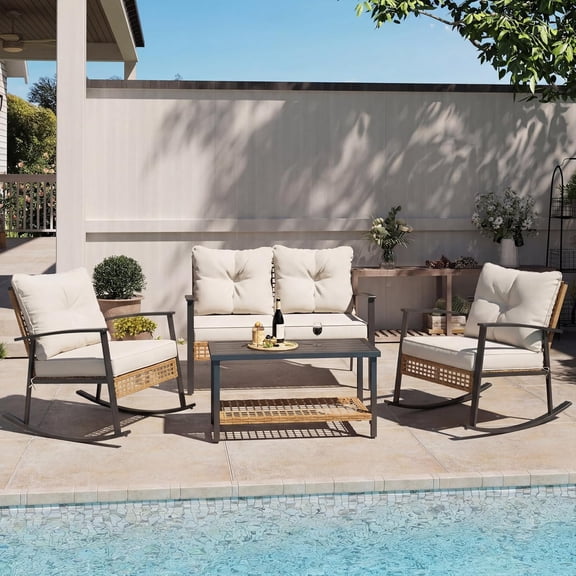 LAUSAINT HOME 4-Piece Patio Conversation Set  with Rocking Chairs and Storage Coffee Table for Backyard, Porch, Garden and Poolside