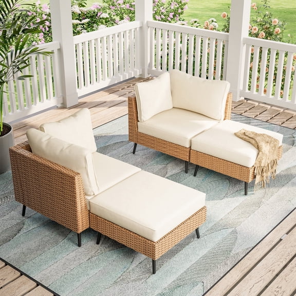 LAUSAINT HOME 4 Pieces Outdoor Furniture Set, Patio Rattan Wicker Sectionals with 2 Chairs and 2 Ottomans, Beige Cushions