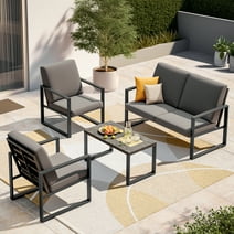 LAUSAINT HOME 4 Pieces Patio Conversation Set, Outdoor Furniture Set with Coffee Table and Plush Gray Cushions