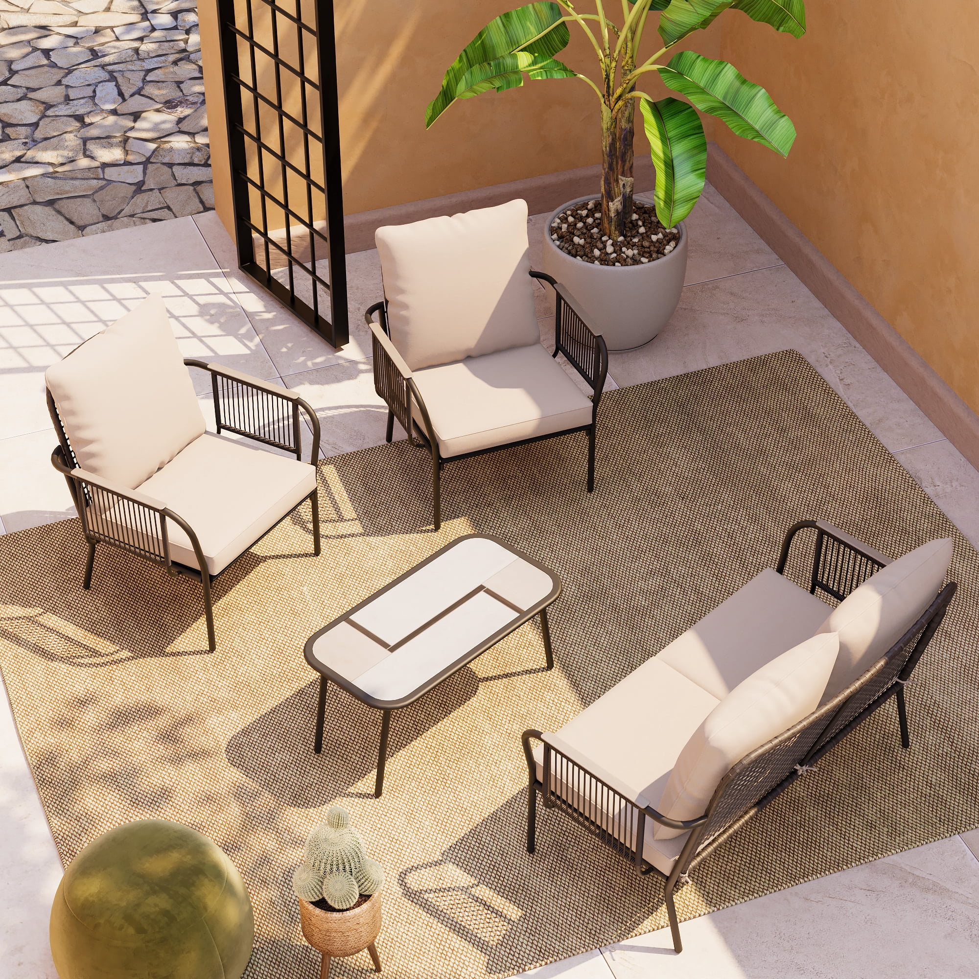 LAUSAINT HOME 3 Pieces Patio Outdoor Conversation Set with 2 Tier Coffee Table PE Wicker Rocking Chairs with Beige Cushions