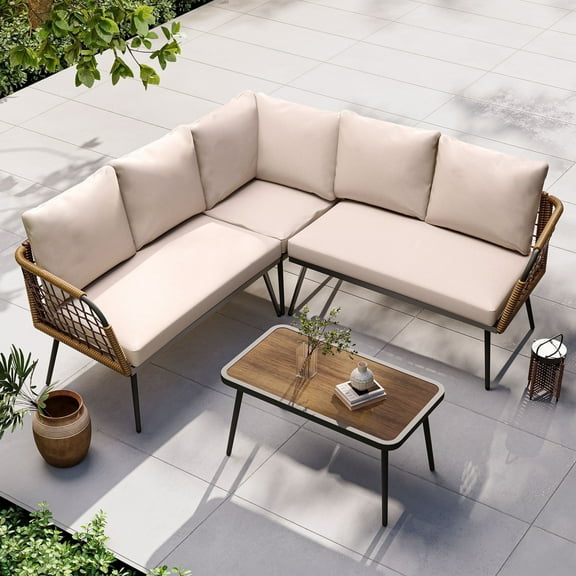 LAUSAINT HOME 4 Pieces Outdoor Conversation Sets, Patio L-Shaped Metal Sofa with 2 Loveseats, Beige Cushions