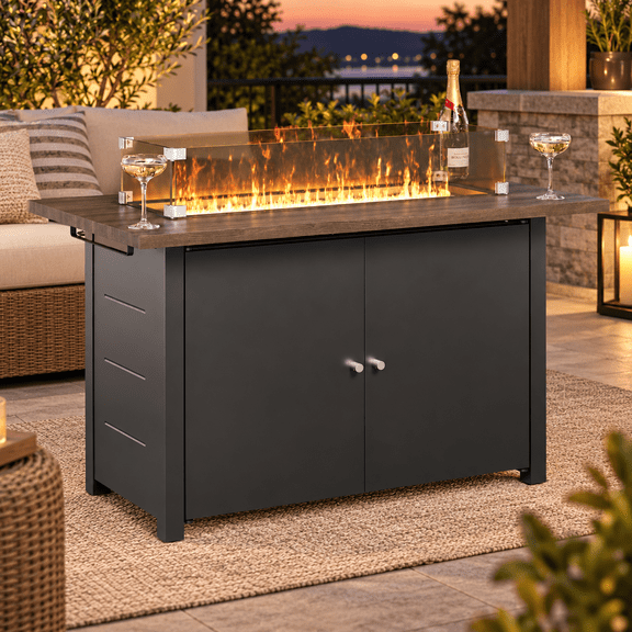 LAUSAINT HOME 42 Inch Outdoor Propane Fire Pit Table, 55000 BTU Gas Fire Table with Glass Wind Guard, Lid & Wood Grain Tabletop, Patio Backyard Heater, Black