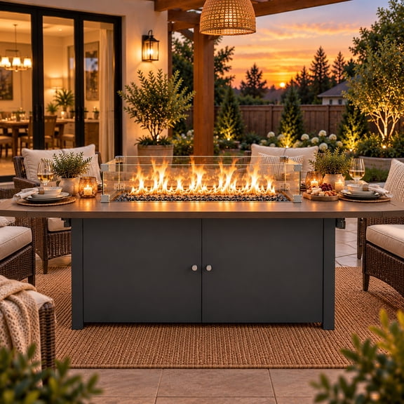 LAUSAINT HOME 43 Inch Propane Fire Pit Table, 54000 BTU Outdoor Gas Fire Table with Glass Wind Guard, Lid & Wood Grain Tabletop for Patio Backyard, Black