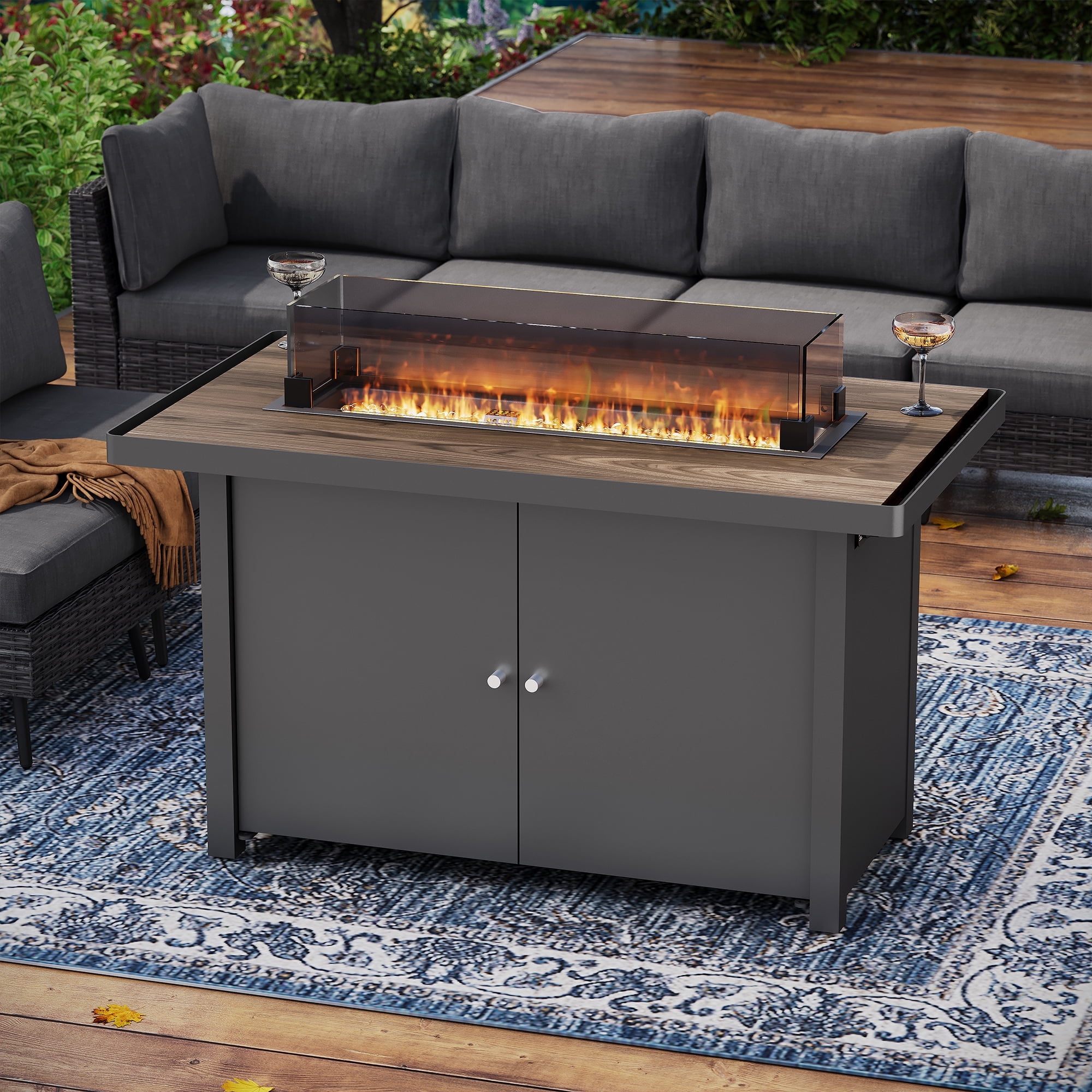 LAUSAINT HOME 43" Outdoor Fire Pit Table , 55,000 BTU Patio Propane Fire Pit with Wood Grain Tabletop & Wind Guard, Black