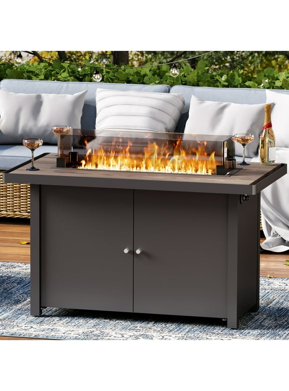 LAUSAINT HOME 43" Outdoor Gas Fire Pit Table , 55,000 BTU Patio Propane Fire pit with Wood Grain Tabletop & Wind Guard