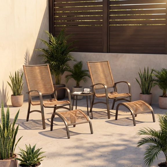 LAUSAINT HOME 5-Piece Outdoor Patio Conversation Set with 2 Chairs, 2 Ottomans and 1 Table, Brown PE Wicker