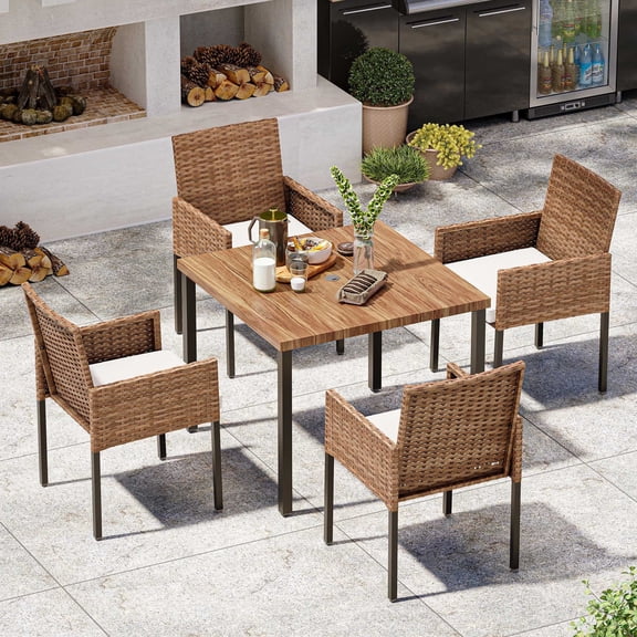 LAUSAINT HOME 5-Piece Patio Dining Set, Outdoor Wicker Furniture Set with Square Table and 4 Chairs, Brown