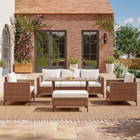 LAUSAINT HOME 5-Piece Patio Furniture Set, Outdoor Wicker Conversation Set with 1 Storage Ottoman, 3-Seater Sofa, 2 Single Chairs, 1 Table with Umbrella Hole, Beige Cushions