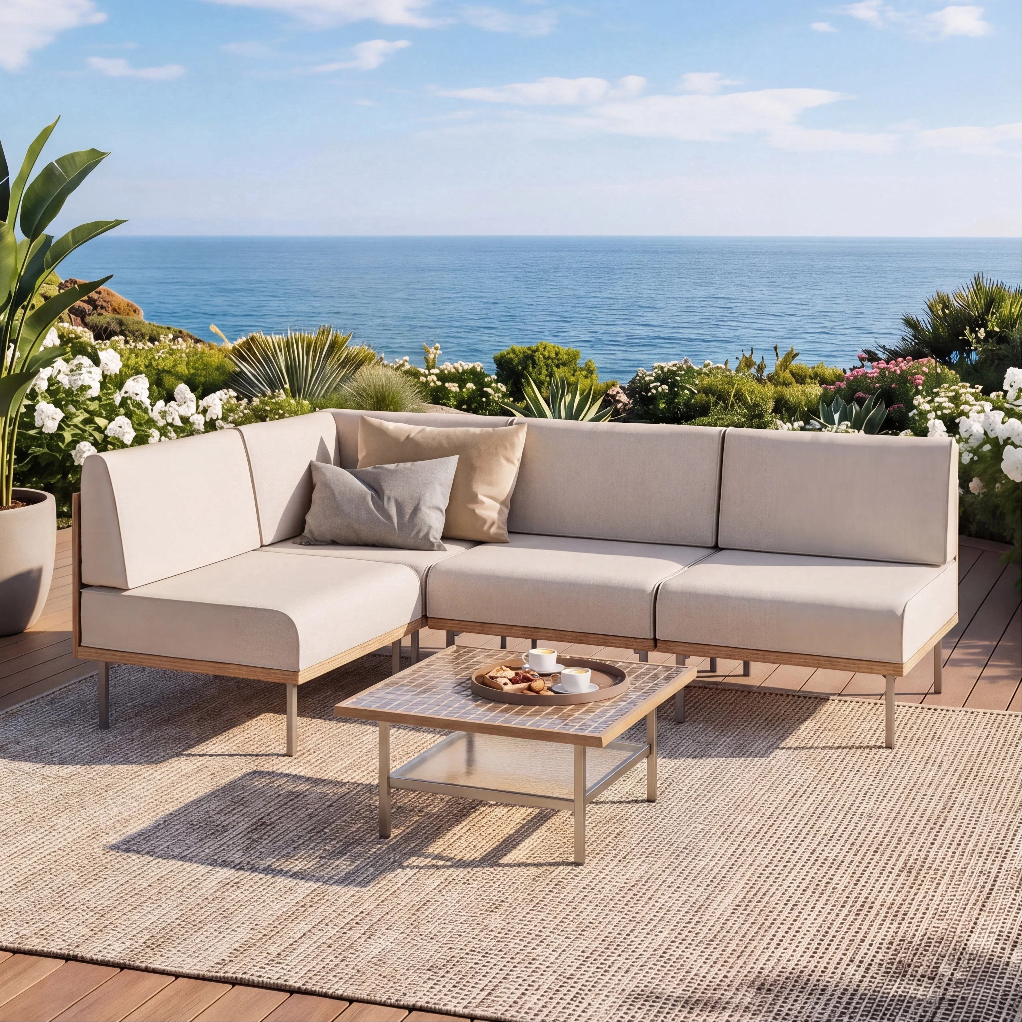LAUSAINT HOME 5 Pieces Patio Conversation Set, Outdoor Wicker Furniture Set with Beige Cushions for Garden