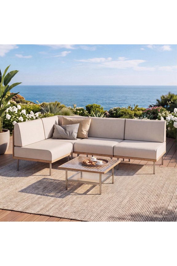 5 Pieces Patio Conversation Set, Outdoor Wicker Furniture Set with Beige Cushions for Garden