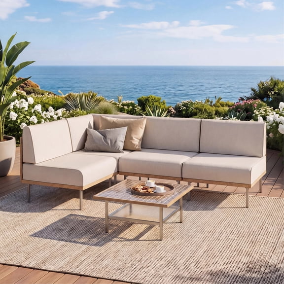 LAUSAINT HOME 5 Pieces Patio Conversation Set, Outdoor Wicker Furniture Set with Beige Cushions for Garden