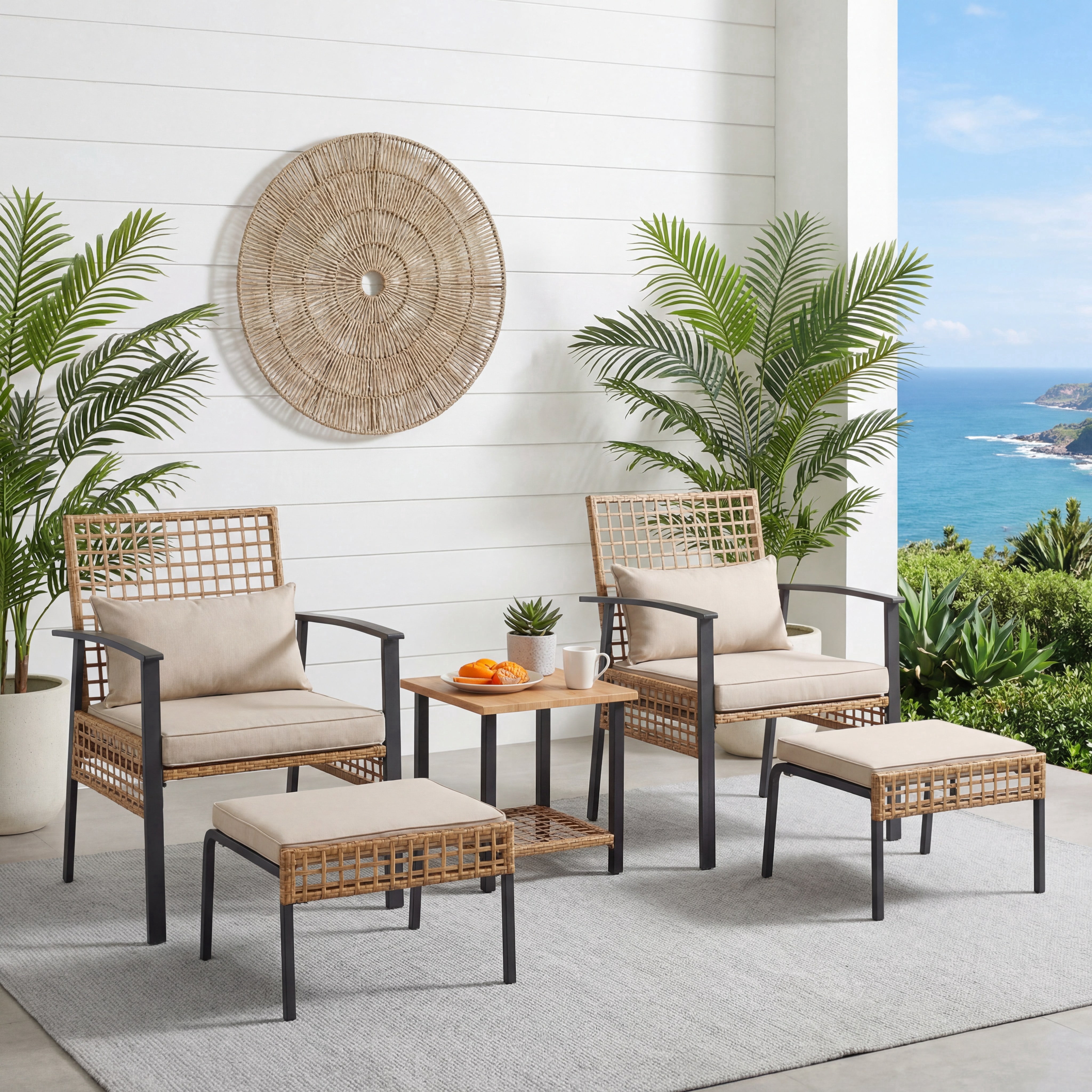 LAUSAINT HOME 5 Pieces Patio Furniture Set with Ottomans, Wicker Outdoor Conversation Set with Cushions and Coffee Table for Backyard, Poolside, Porch, Balcony