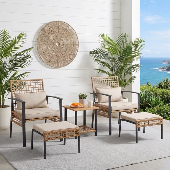 LAUSAINT HOME 5 Pieces Patio Furniture Set with Ottomans, Wicker Outdoor Conversation Set with Cushions and Coffee Table for Backyard, Poolside, Porch, Balcony