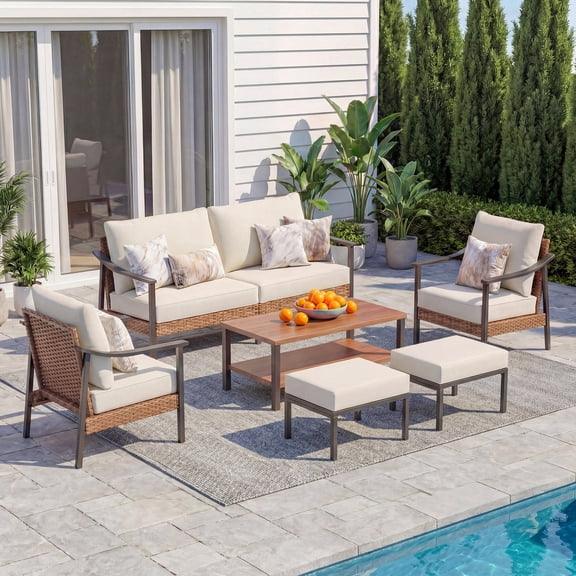 LAUSAINT HOME 6-Piece  Outdoor Patio Conversation Set , All-weather PE Rattan Set with 3-Seater Sofa, 2 Chairs, 2 Ottomans and Coffee Table