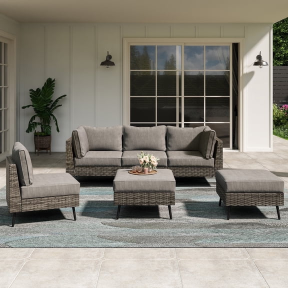LAUSAINT HOME 6 Pieces Outdoor Furniture Set, Patio Rattan Wicker Sectionals with 4 Chairs and 2 Ottomans, Gray Cushions