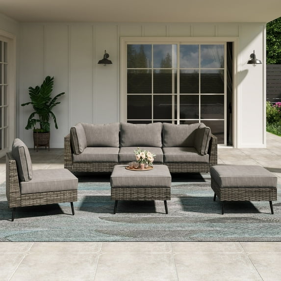LAUSAINT HOME 6 Pieces Outdoor Furniture Set, Patio Rattan Wicker Sectionals with 4 Chairs and 2 Ottomans, Gray Cushions