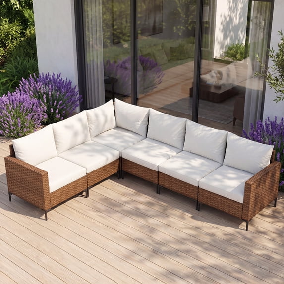 LAUSAINT HOME 6-Piece Patio Furniture Set, Outdoor Wicker Conversation Set with Adjustable Backrest, Beige Cushions