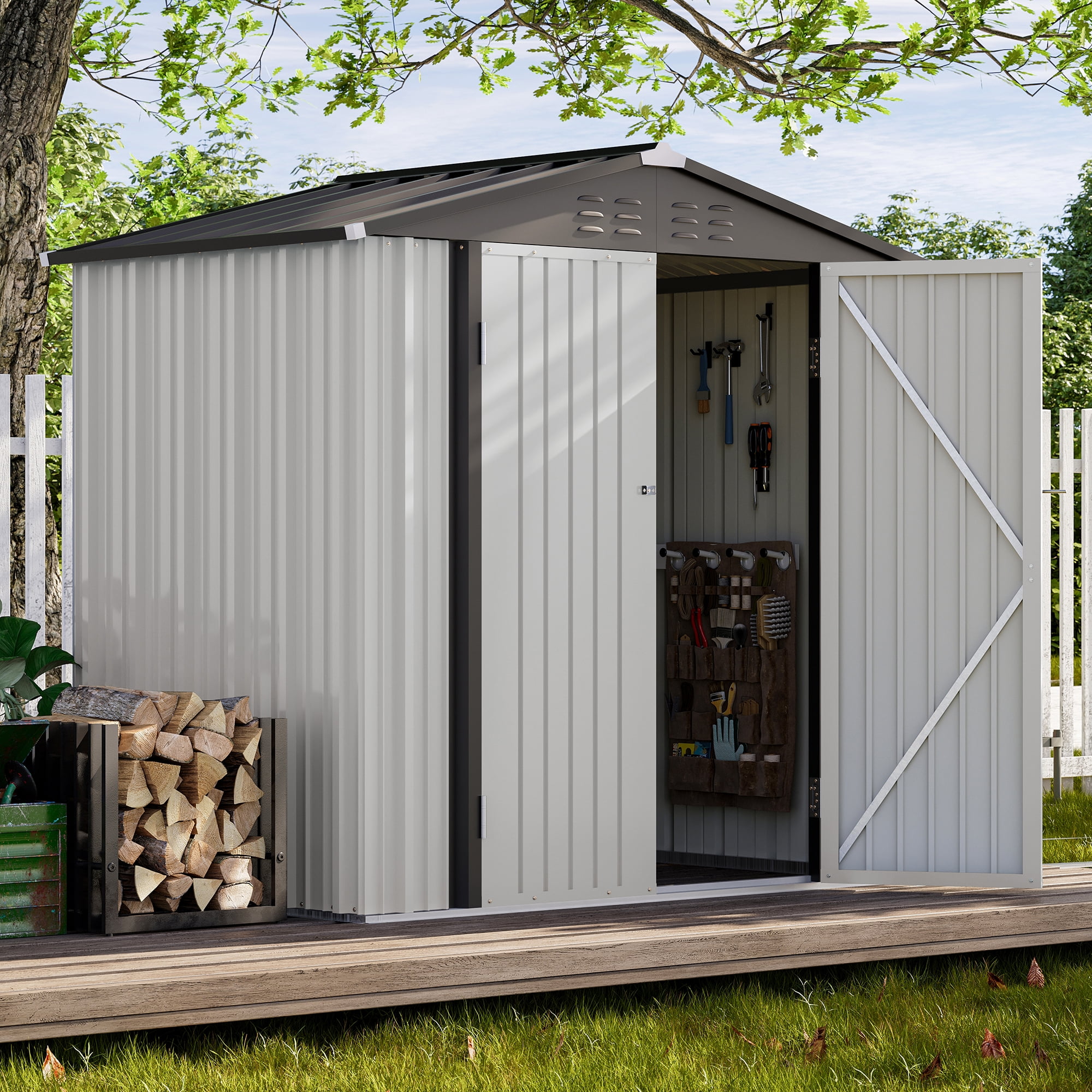 Untapped White Metal Shed with Lockable Door: LAUSAINT HOME Outdoor Storage Shed for Garden Tools & Bicycles, 6′ x 4′ Size