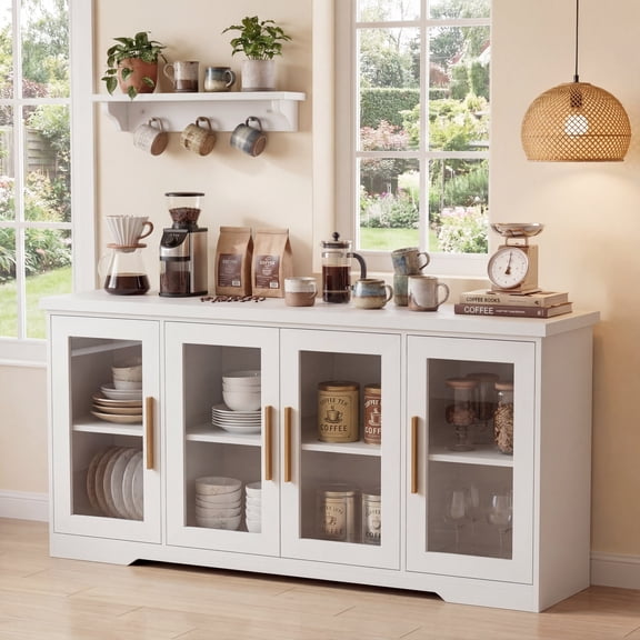 LAUSAINT HOME 66'' Large Sideboard Buffet Cabinet with Storage, Kitchen Storage with Glass Doors & Adjustable Shelves, Accent Farmhouse Wood Coffee Bar Table for Kitchen, Living Room