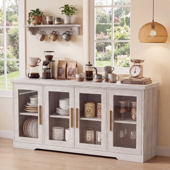 LAUSAINT HOME 66'' Large Sideboard Buffet Cabinet with Storage, Kitchen Storage with Glass Doors & Adjustable Shelves, Accent Farmhouse Wood Coffee Bar Table for Kitchen, Living Room